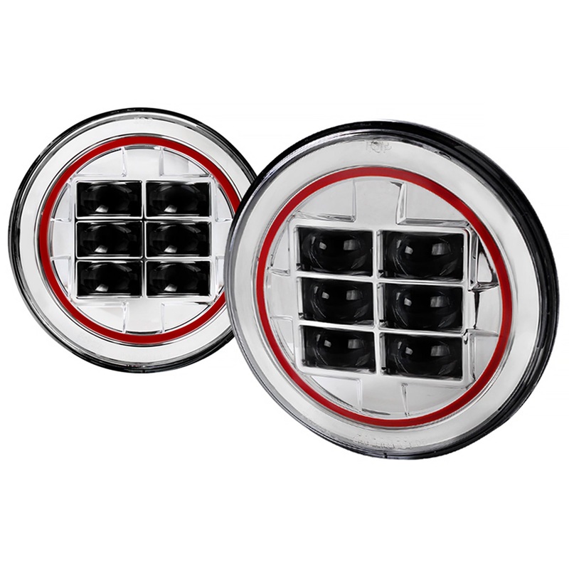 Universal 7 Cree LED Red Rim Projector Headlights – 2PC Chrome/Clear Lens