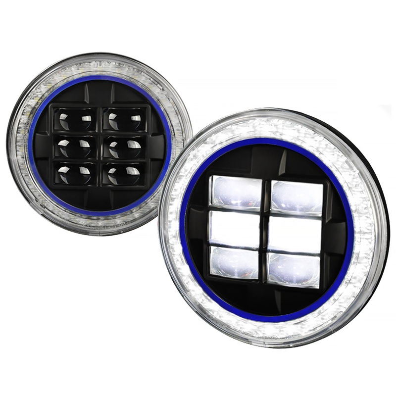 Universal 7 Round Cree LED Blue Rim Halo Projector Headlights – 2PC Matt Black
