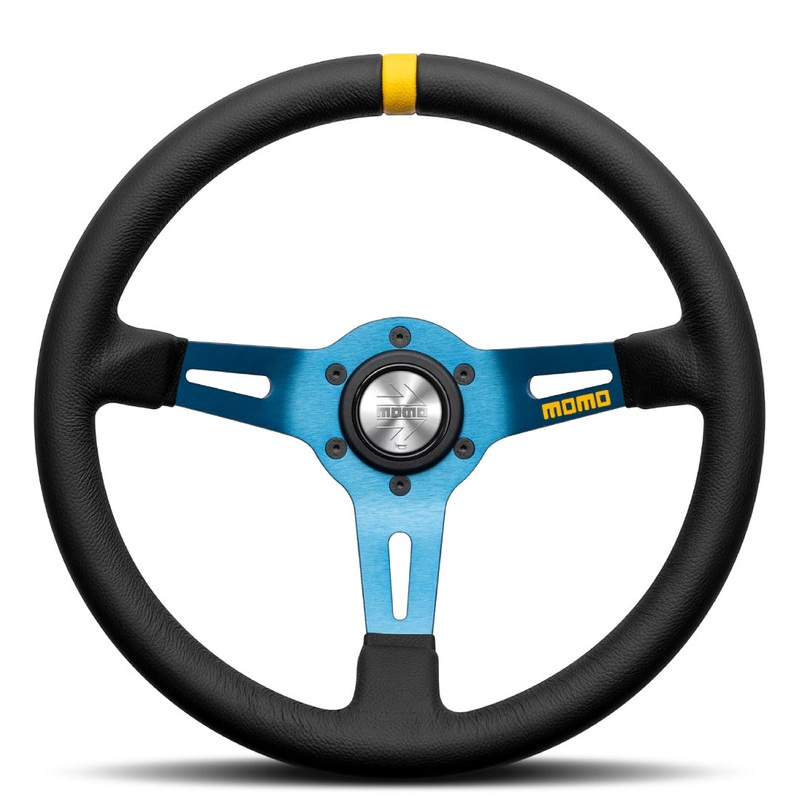 MOMO Mod. 08 Steering Wheel – Black Leather Blue Spokes 330mm