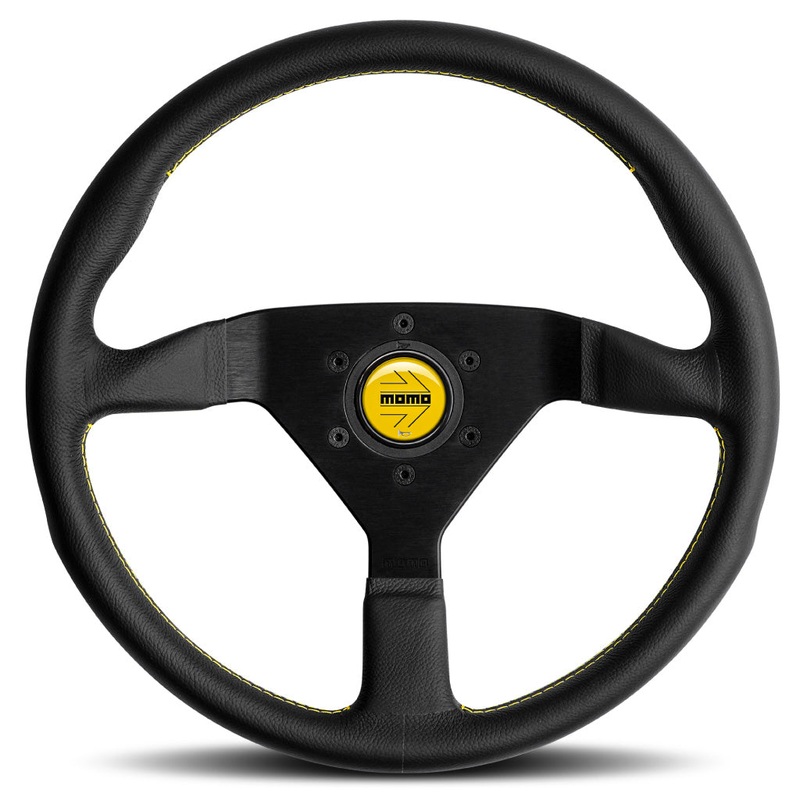 MOMO Montecarlo Steering Wheel – Black Leather Yellow Stitching Black Spokes 350mm