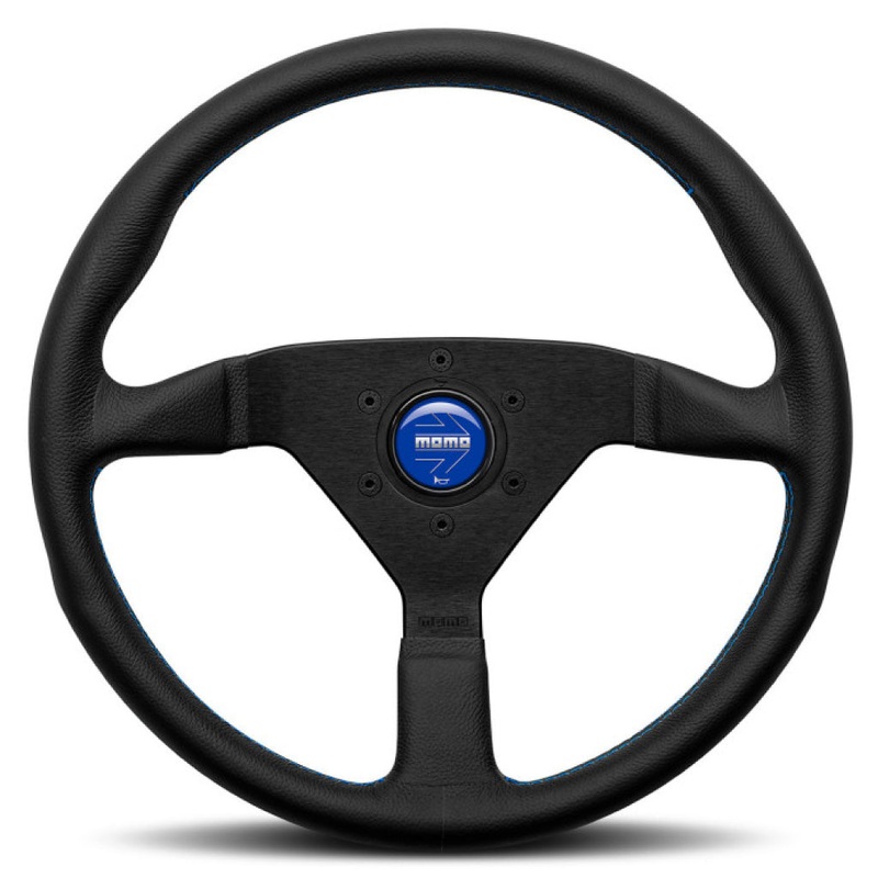 MOMO Montecarlo Steering Wheel – Black Leather Blue Stitching Black Spokes 350mm