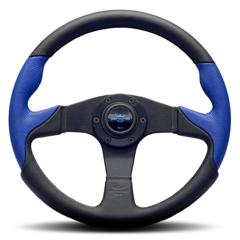 Personal Thunder Steering Wheel – Black/Blue Leather Black Spokes 350mm