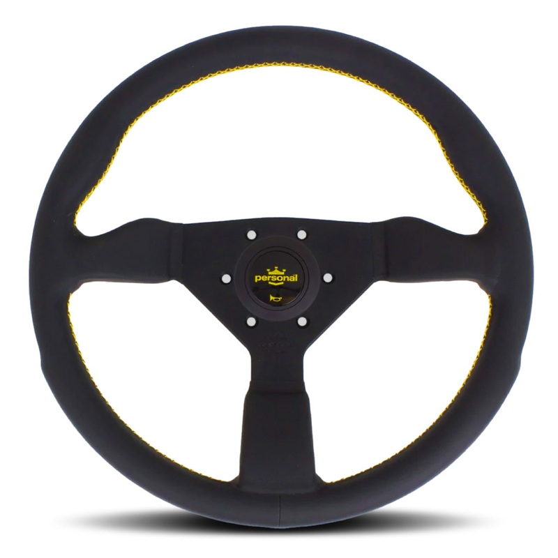 Personal Grinta Steering Wheel – Black Leather Black Spokes Yellow Stitching 350mm