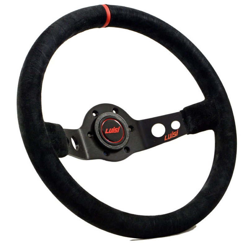 Luisi Jet Sport Two Spoke Steering Wheel – Black Shammy Leather Red Stripe Black Spokes 350mm