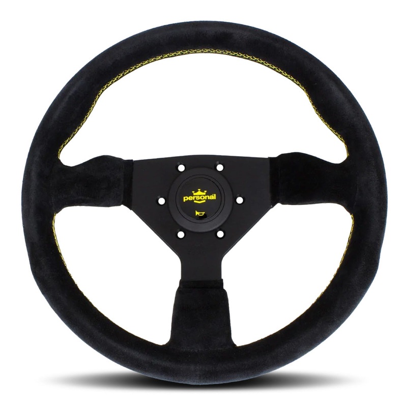 Personal Grinta Steering Wheel – Black Suede Black Spokes Yellow Stitching 330mm