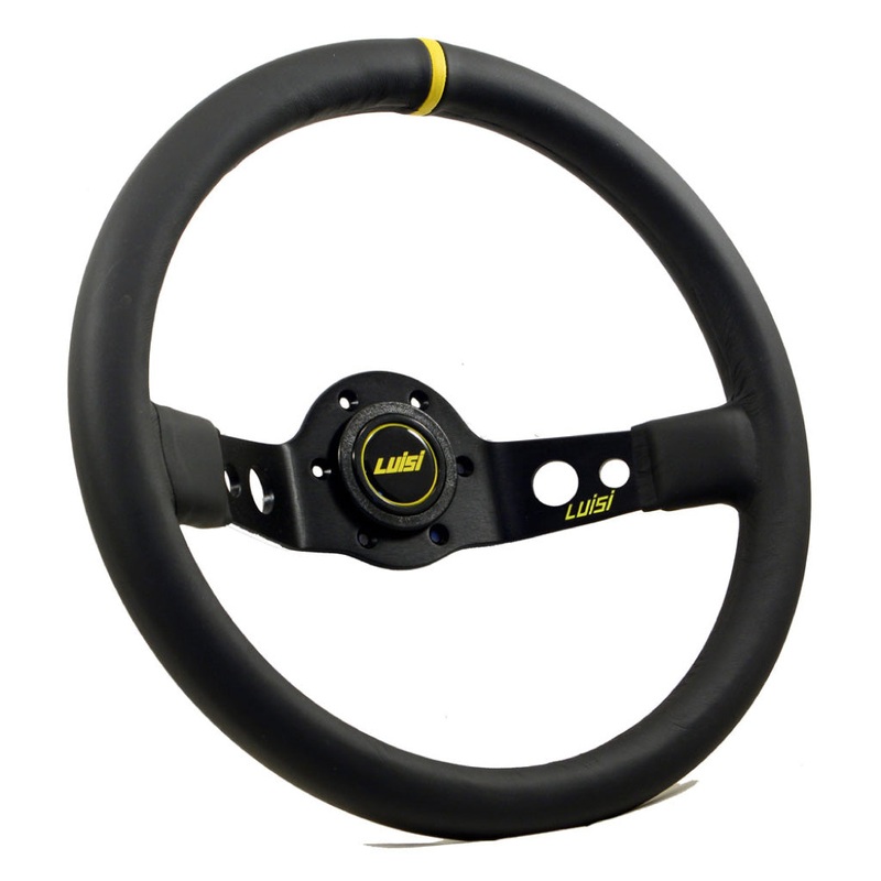 Luisi Jet Sport Two Spoke Steering Wheel – Black Leather Yellow Stripe Black Spokes 350mm