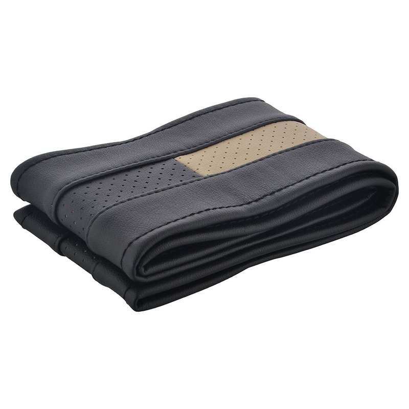Stitchable Car Steering Cover Compatible with Hyundai Venue, (Black/Beige)